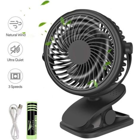 Mini Ventilateur À Pince - Rechargeable - 3 Vitesses - Tête Inclinable 720° - Pour Poussette Bureau Maison Sport Pêche - 1 Pièce (1/5)