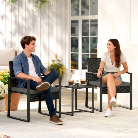Sillón terraza con mesa y cojines ratán gris oscuro HAVRYA (1/3)