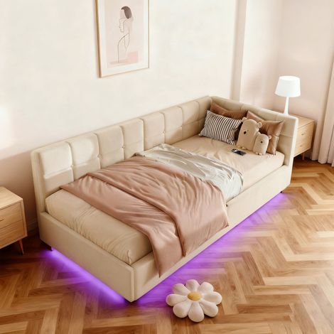 Lit coffre 90x200,lit simple 90x200,lit enfant,canapé-lit avec fonction de rangement,Lumière d'ambiance LED réglable,Chargement USB,sommier à lattes,Salon Chambre,Velours Beige (1/5)