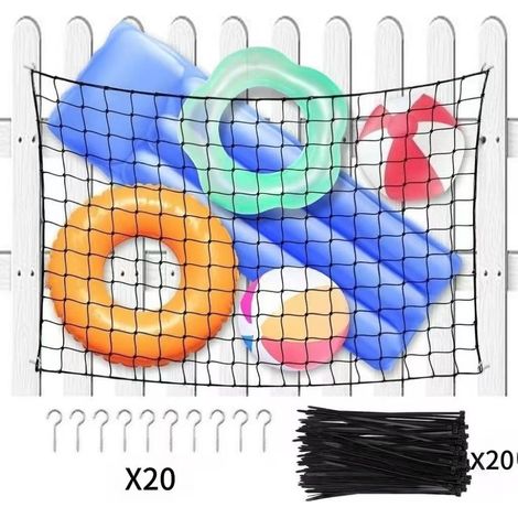 Filet de rangement pour bouées de piscine robuste élastique 180x120cm, organisateur mural pour anneaux flotteurs avec 20 crochets et 20 sangles, support de stockage suspendu pour clôture de jardin et (1/4)