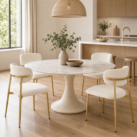 Pack de 4 sillas de comedor - 51 x 50 x 81 cm - acolchadas con patas regulables estructura de metal dorado estilo moderno tela - blanco (1/5)