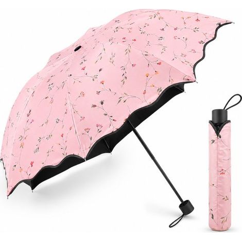 Parasol pliable avec protection UV 50+, léger, motif floral élégant, compact pour femme, rose (1/5)