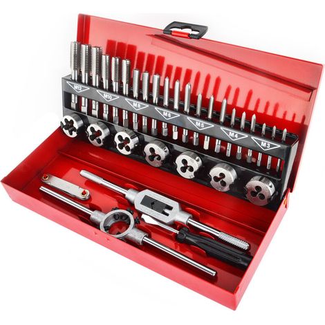 Coffret de 32 Pièces Tarauds et Filières en Acier Allié au Tungstène Métrique Taraud et Filière Vis Outils de Coupe Kit de Filetage de Forage Conique avec Étui de Rangement,Lilaris (1/5)