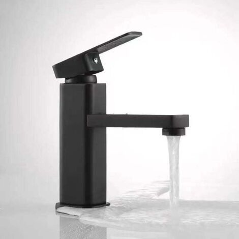 Robinet Évier Salle de Bain Monotrou Carré Noir avec Poignée Métal Robinet Lavabo (1/4)