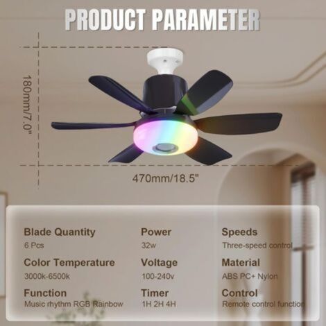 Roadtime 47 cm RGB-Deckenventilator mit Beleuchtung, E27 32-W-Fassung, einstellbarer Beleuchtung, 3 Geschwindigkeitsstufen, 6 Flügel, Fernbedienung inklusive, kompatibel mit RGB-Beleuchtung und Musikp (1/3)