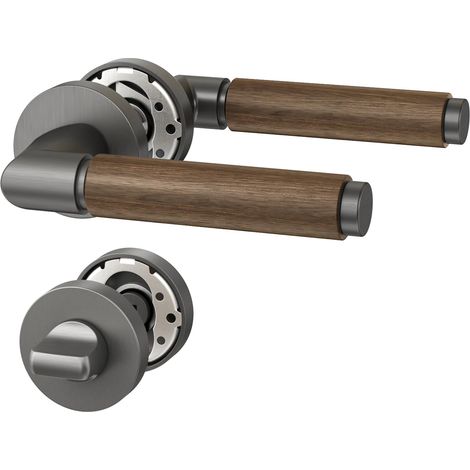 Ensemble de poignées de porte gris en aluminium couleur noyer - Garniture de porte WC pour porte d'entrée d'appartement, UK0097 (1/5)
