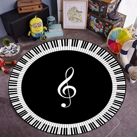 Runde Teppiche mit schwarz-weißen Klaviertastenmustern, perfekt zur Dekoration des Fußbodens in Ihrem Wohn- oder Schlafzimmer. (1/4)