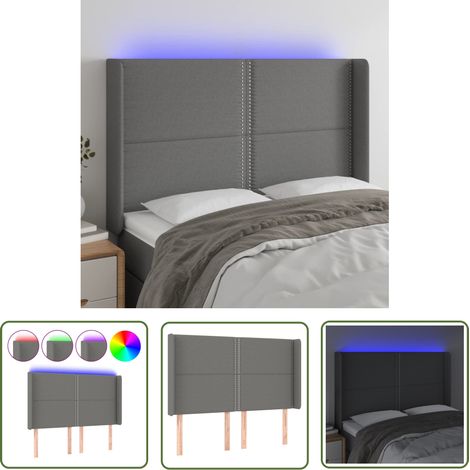 The Living Store Tête de lit à LED Gris foncé 147x16x118/128 cm Tissu - Tête De Lit Led - Têtière De Lit - Éclairage Led - Chambre À Coucher - Décoration Murale (1/5)