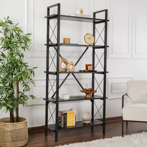 Bibliothèque bois noir et noir – Cadre métallique – Dimensions 90x180cm – Pour salon, bureau, chambre – Panneau mélaminé durable (1/5)