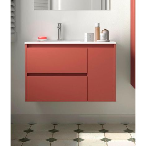 Meuble bas Noja 850 2 tiroirs 1 porte droite + lavabo rouge satiné (1/4)