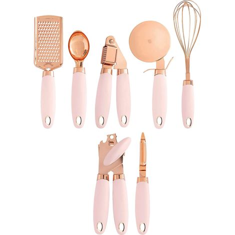 Juego de 7 utensilios de cocina de acero inoxidable color cobre con mangos ergonómicos negros (rosa) (negro)