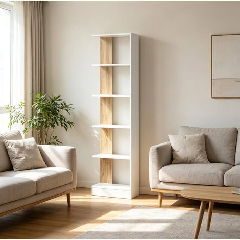 Librería abierta de pie, 5 estantes, 45 x 21 x 170 cm, blanco y roble (1/5)