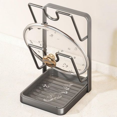 Portacoperchi per pentole da bancone da cucina con poggiacucchiaio, organizer 2 in 1 per coperchi e utensili, grigio