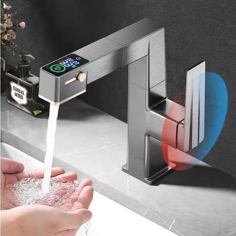 Mitigeur de salle de bain moderne haute technologie gris, robinet flexible avec grande plage de mouvement, robinetterie élégante pour lavabo douche et décoration intérieure (1/4)