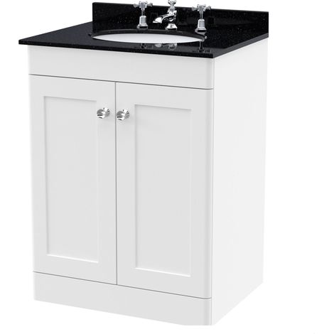 Swynnerton Traditional 2 Door Floor Standing Vanity Unit with Marble Basin, Satin White, 600mm