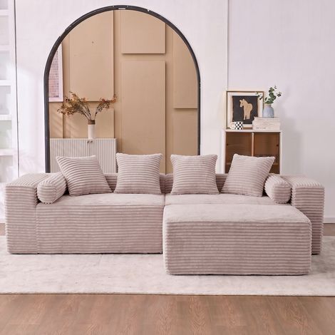 Sofá esquinero modular 266x110x60 cm en tela chenilla beige, sin montaje – MEUBLIV (1/5)