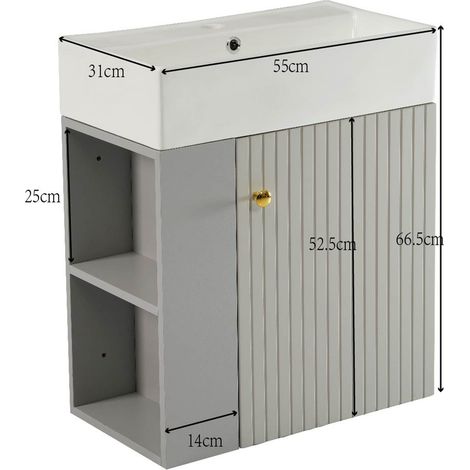 Meuble vasque suspendu 55 cm gris clair, petit rangement de salle d'eau pour invités