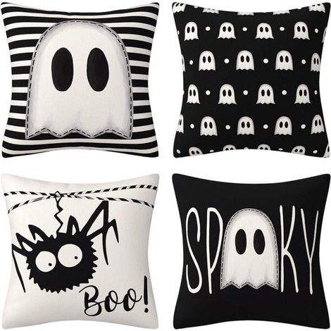 Juego de 4 fundas de cojín de Halloween, 45 x 45 cm, lunares y rayas, fundas de cojín decorativas con forma (1/5)