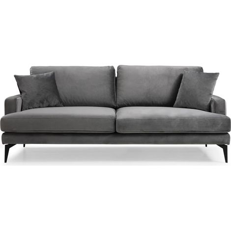Canapé 3 places design tissu velouté gris et pieds métal noir Kombaz 205cm (1/5)