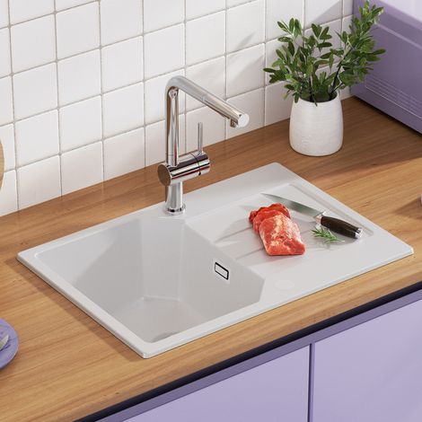 Anycee Max Évier en granit - 65 x 45 cm Évier en granit de haute qualité avec égouttoir et fonctionnement silencieux, blanc (1/5)