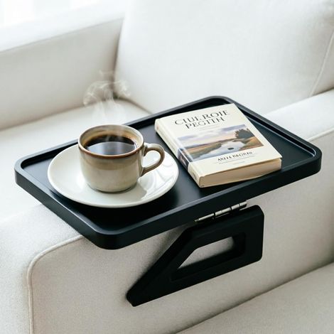 Plateau de canapé en bois, 33 x 24 cm, accoudoir pliable, plateau de canapé avec clip, plateau de canapé et accoudoirs pour boissons, collation, télécommande (noir) (1/5)