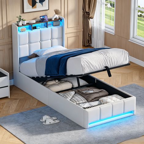 JOOKGBD–Letto a Contenitore 90x200 cm,Letto Singolo Imbottito,Contenitore Idraulico,LED,USB-C,Rete a Doghe,Letto Giovanile,Lino,Beige