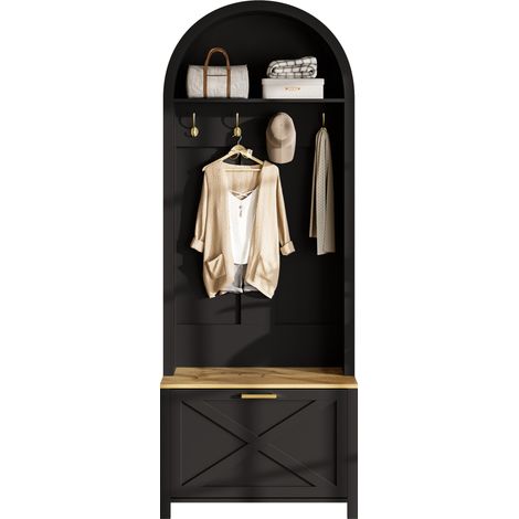 Armoire D'entrée 195x75x35 Cm Mdf Noir Et Bois - Étagère, Porte-chaussures Et Crochets (1/5)