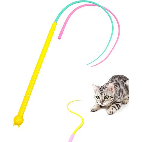 Interactive en Silicone pour Chat, Jouet pour Chats D'intérieur, Baguette Interactive avec Queue en Silicone sans Plumes (Jaune et Vert + Rose) (1/5)