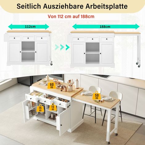 Île de cuisine roulante, table escamotable avec étagère à épices et tiroirs, îlot mobile autoportant, parfait pour cuisine et salle à manger (Blanc) (1/5)