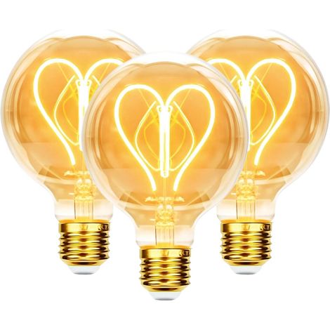 Ampoule E27 Vintage LED 4W Dimmable filament en forme de cœur, Lot de 3 Ampoule LED E27 Blanc chaud 2400K Ampoule Vintage Edison rétro design Verre ambré pour la maison, le café, le ba (1/5)