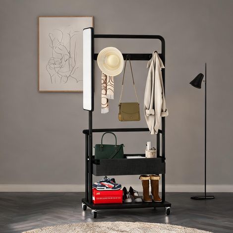 Portant vêtements métal noir roulettes avec miroir 70 x 40 x 170 (1/5)