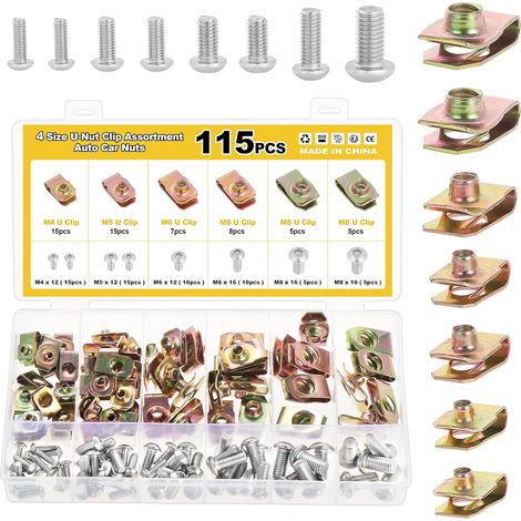 115 Pièces Agrafe Carrosserie,M4 M5 M6 M8 Écrous Fixation Clips Type U, Vis et Agrafe Clips de Fixation Voiture Agrafes Vis Tole Agrafe Voiture Carrosserie pour Auto Moto (1/5)