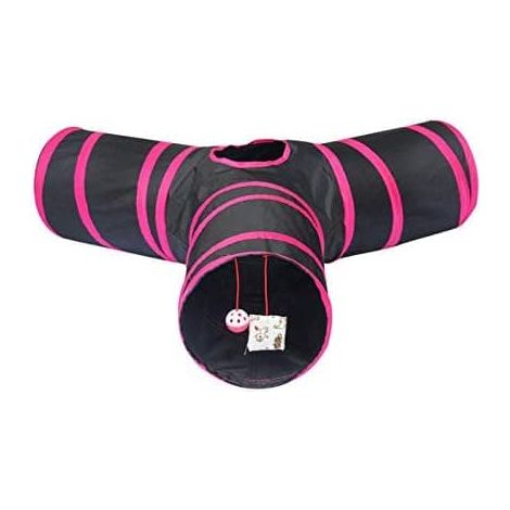 Tunnel pour chat avec jouets - Tunnel de jeu pour petits animaux - Pliable - 3 positions - Noir et rose (1/5)