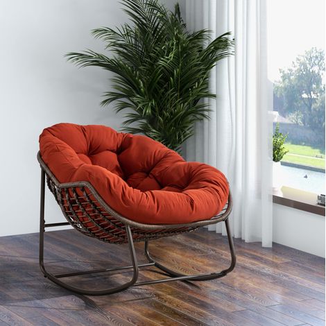 Sillón mecedora de ratán para exterior, estructura de acero, 78 x 106 x 90 cm, naranja, REDOM (1/5)