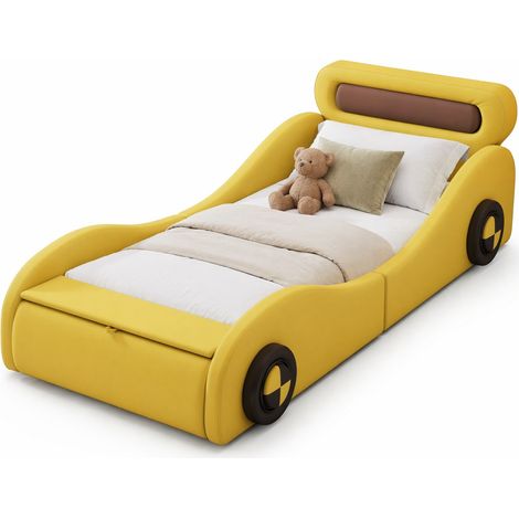 Lit enfant voiture 90x200 cm avec roues lumineuses réglables, coffre de rangement et revêtement cuir régénéré jaune, sans matelas, pour chambre d'enfant – CHICFURN (1/5)