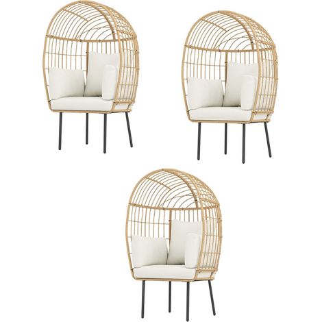 3er-Set rattansessel Ei-Förmig mit abnehmbarem Kissen, Polster, übergroße Outdoor Sessel aus Rattan, Wetterfest Korbsessel Gartensessel Gartenstühle für Garten Balkon, Veranda, Terrasse Beige