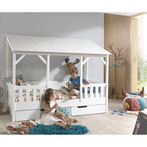 Hausbett für Kinder ALEXANDRIA-12 mit 90 x 200 cm Liegefläche und Bettschublade, Korpus weiß lackiert, Dach in weiß - B/H/T: 214,2/174/105,3cm (1/5)