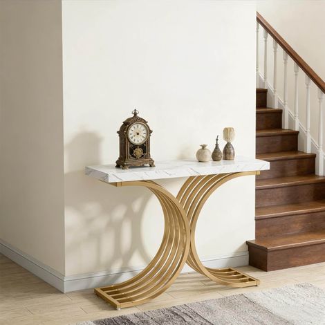 Table console avec effet marbre blanc et métal doré, 100x30x80 cm (1/5)