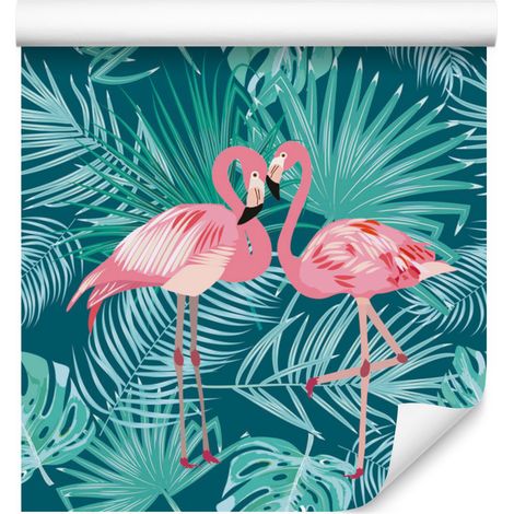 Papel pintado con flamencos y hojas para salón y dormitorio, 50x1000 cm. (1/5)