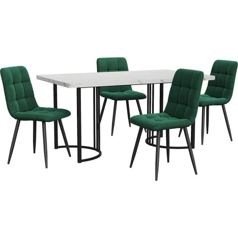 5-teiliges Esszimmer-Set 140x80 cm weißer Marmor mit 4 grünen Samtstühlen (1/5)