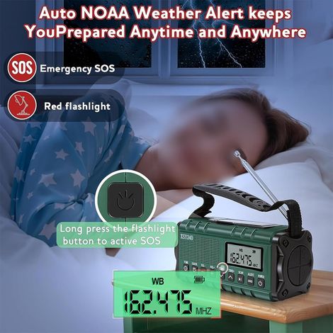 Radio di emergenza 37000 mWh con allarme meteo AM/FM, sveglia, torcia SOS, kit di sopravvivenza portatile - ALTRO (1/4)
