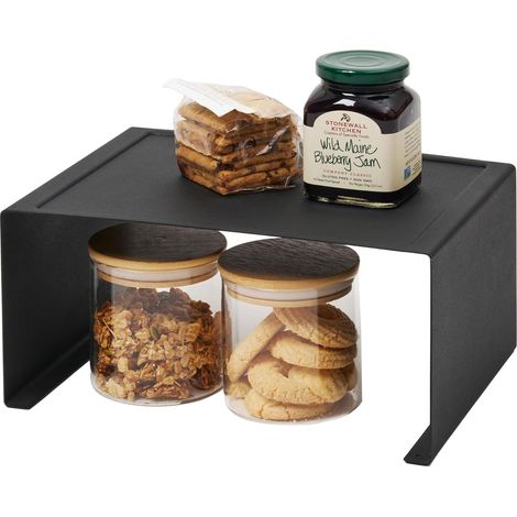Set di 2 ripiani impilabili a torre per cucina, neri, in acciaio, 30,5 x 22 x 14 cm.