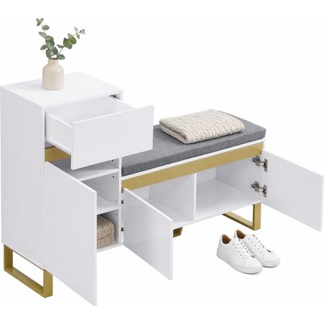 Meuble à chaussures avec banc de rangement, meuble d’entrée moderne blanc brillant et touches dorées, tiroir et portes, 120 cm pour entrée et couloir – CHICFURN (1/5)