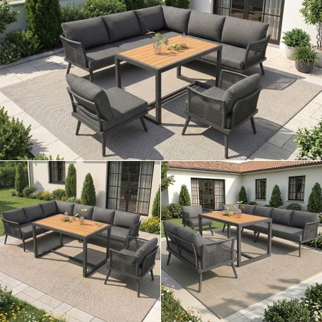 Set di divani da giardino a L a sette posti con braccioli intrecciati / Set angolare resistente alle intemperie in ferro / Include tavolino e poltrona in legno / Con cuscini e guanciali / Grigio/Beige (1/5)