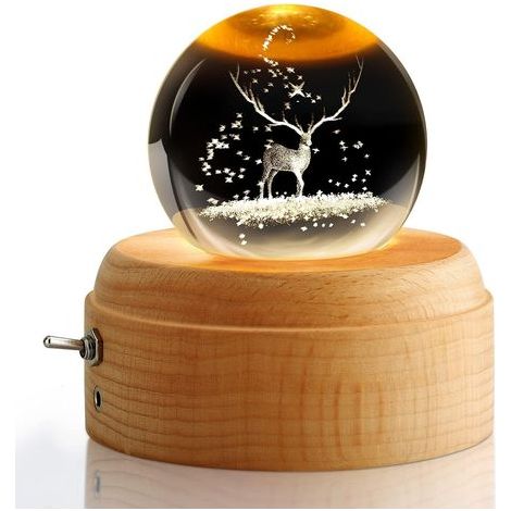 Wooden rotating music box, 3D crystal ball, with warm light projection function, rotating crystal ball, birthday gift, Christmas gift (moose) (1/5)