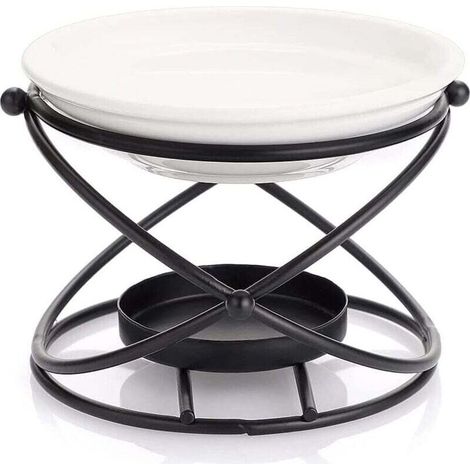Brûleur à Huiles Essentielles en Métal Noir avec Bol Céramique Bougeoir Décoratif pour Maison