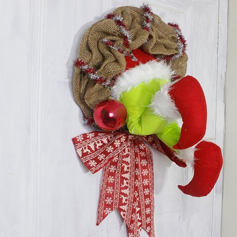 Couronne de Noël en toile de jute volée - Décorations de Noël - Couronne de Père Noël exquise pour le mur du salon ou la fenêtre (1/5)