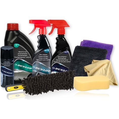 Dunlop Kit Nettoyage Jantes & Roues 9 Pièces KNRJ2 - Shampoing, Nettoyant, Brosse, Microfibres, Brillance & Propreté