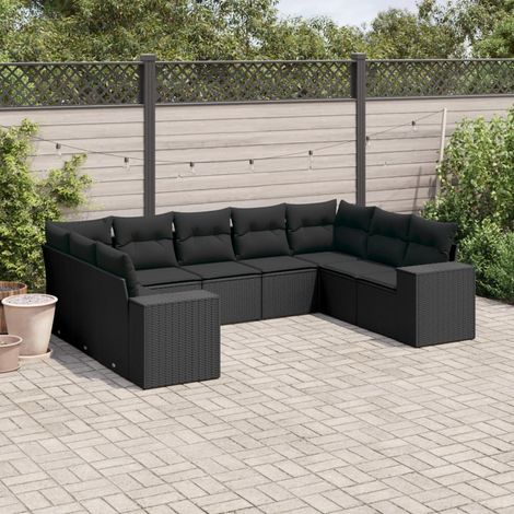 Salon de jardin 9 places en résine tressée noir - Ensemble modulaire avec coussins, rangement intégré et housses lavables (1/3)