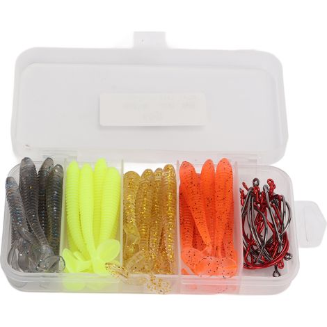 Kit de 60 leurres souples de pêche avec hameçons à manivelle en acier inoxydable, leurres artificiels en PVC à queue en T, appâts de 6 cm pour la pêche au bar. (1/5)